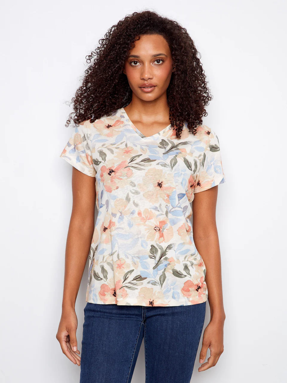 Charlie B-C1231ZPK-P254-Printed V Neck S/S T-Shirt-Aurelia - The Coach Pyramids