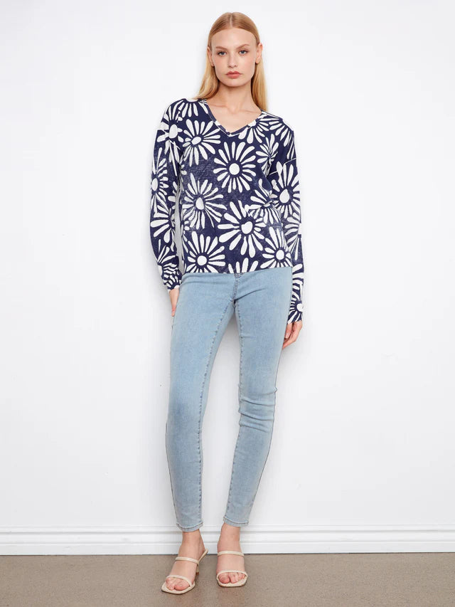 Charlie B-C2968-P210-L/S Reversible Printed V Neck Sweater-Nautic - The Coach Pyramids