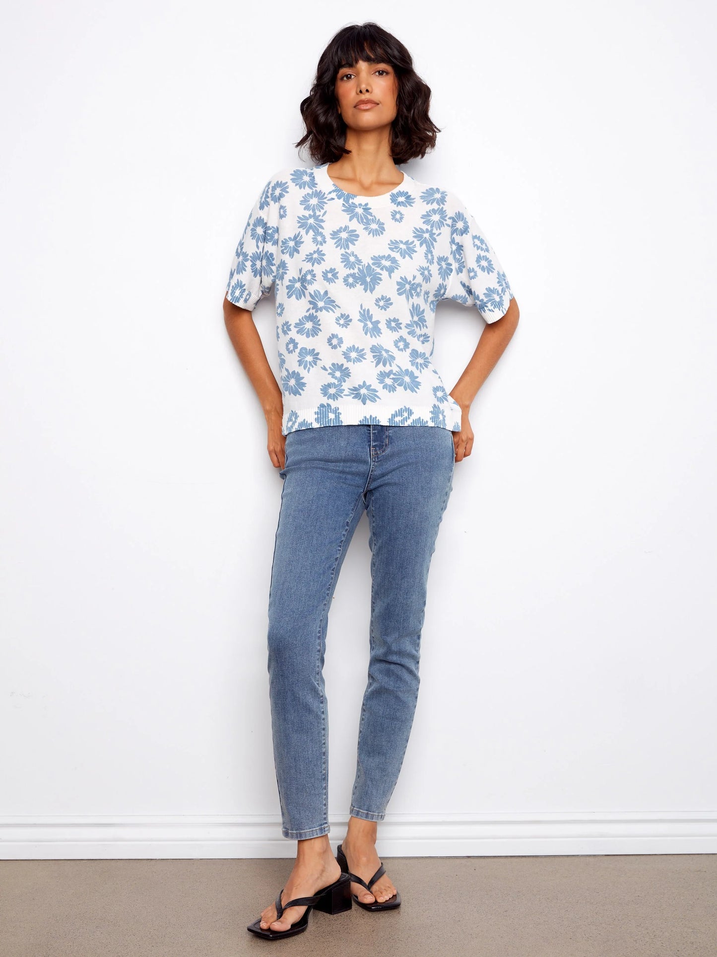 Charlie B-C2947P-P629-Reversible Printed S/S Crew Neck Sweater-Petals - The Coach Pyramids