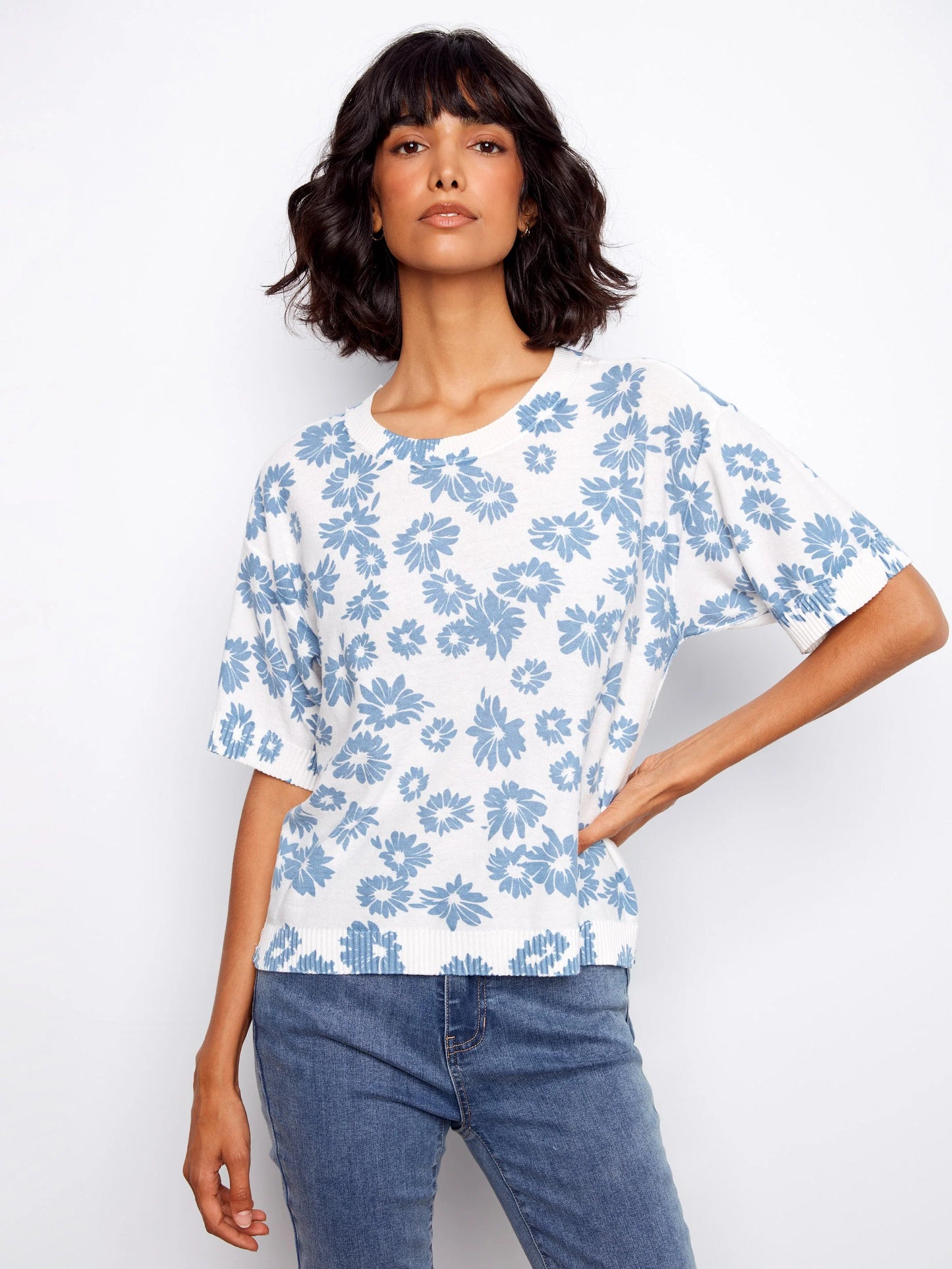 Charlie B-C2947P-P629-Reversible Printed S/S Crew Neck Sweater-Petals - The Coach Pyramids