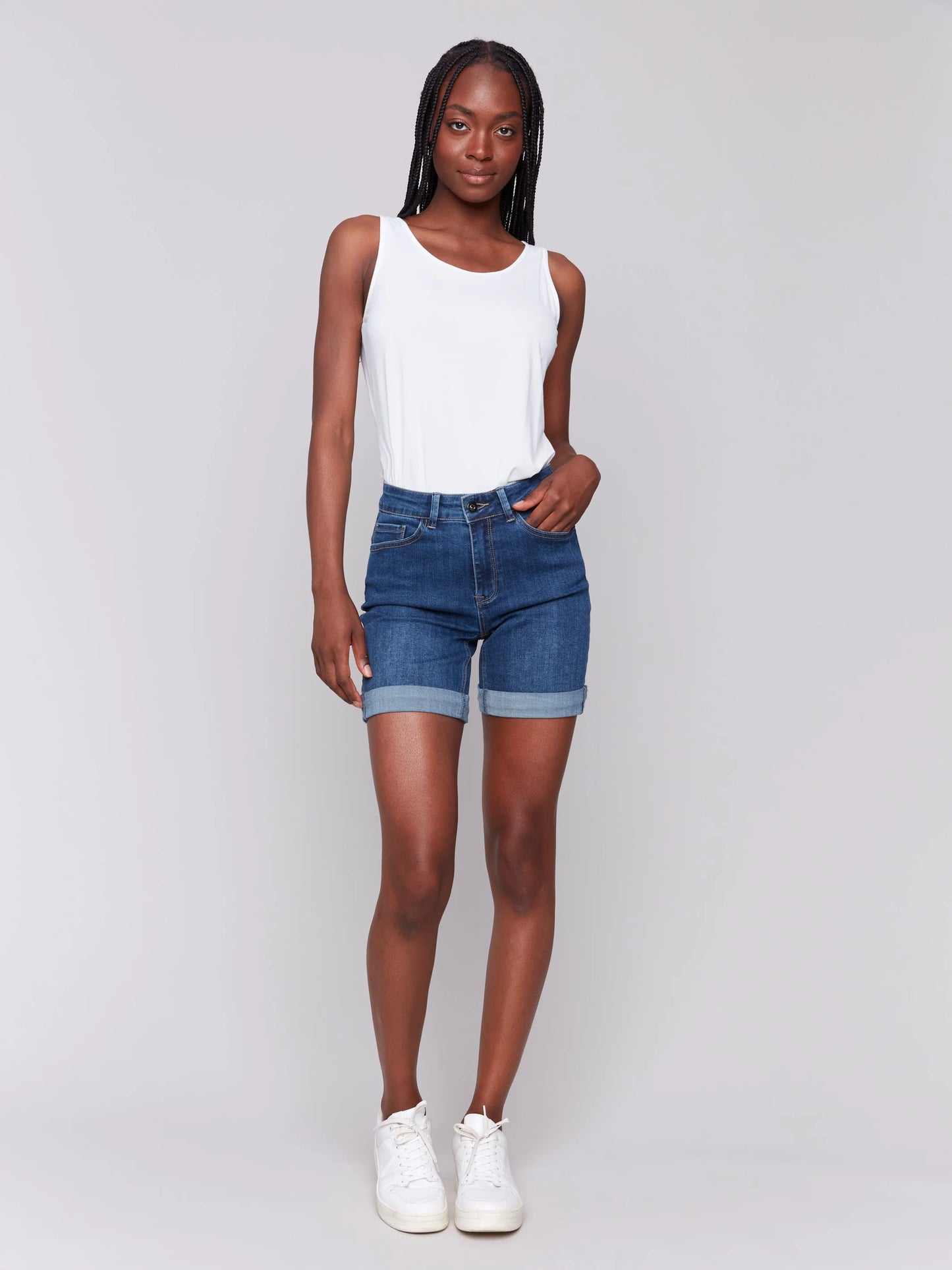 Charlie B-C8029TT-007-Stretch Denim Short Rolled Up Hem-Indigo - The Coach Pyramids