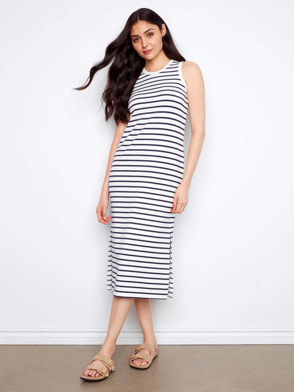 Charlie B-C3246-P006-Scuba Sleeveless Striped Yarn Dye Dress-Denim - The Coach Pyramids