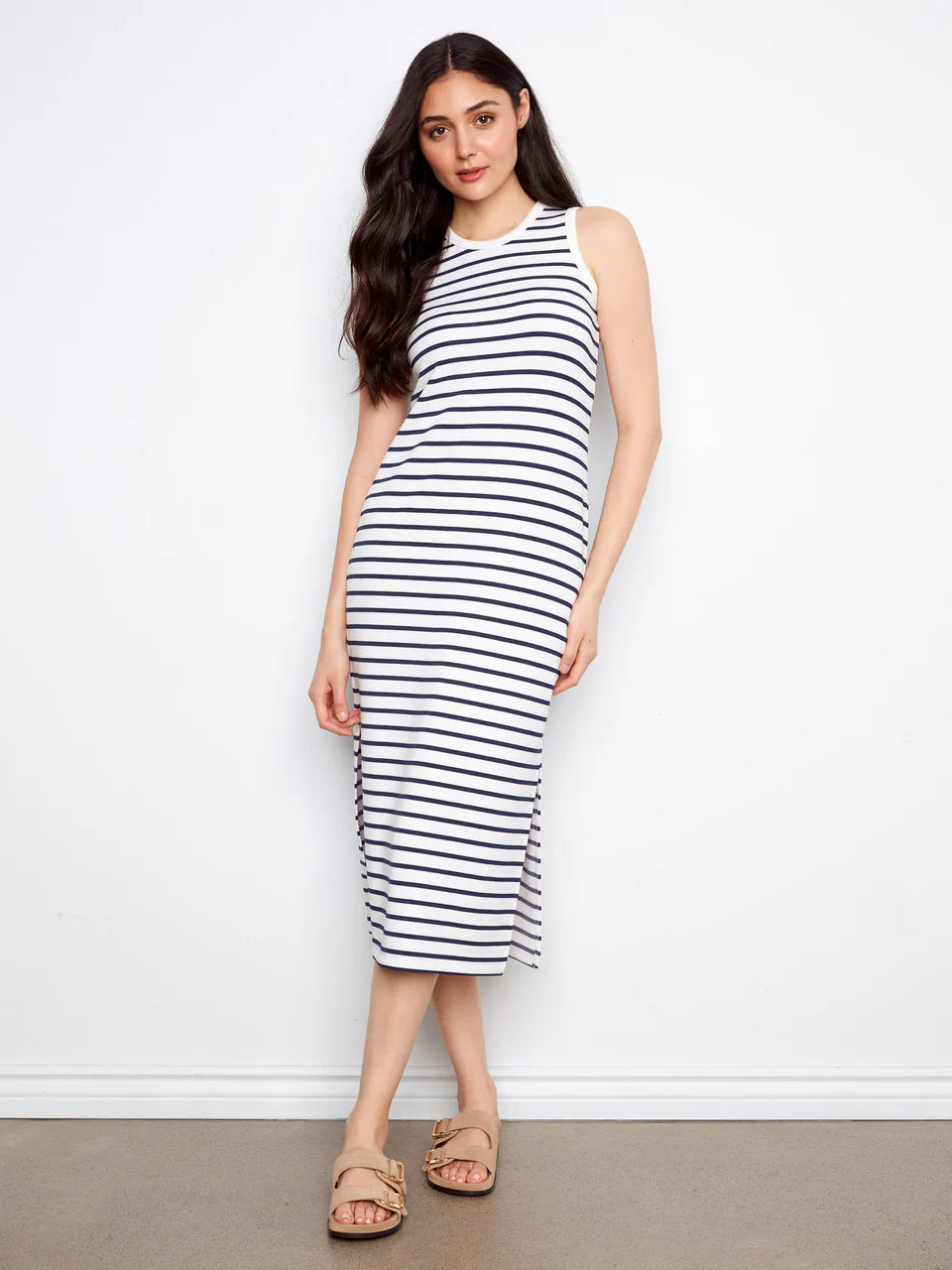 Charlie B-C3246-P006-Scuba Sleeveless Striped Yarn Dye Dress-Denim - The Coach Pyramids