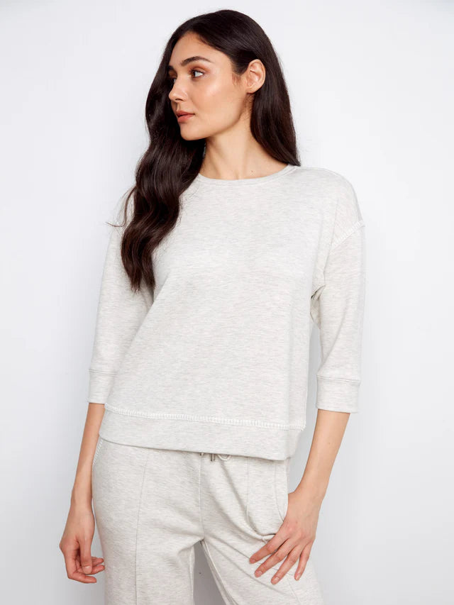 Charlie B-C1425-909-Soft Scuba 3/4 Sleeve Top W/Blanket Stitch-LT Grey - The Coach Pyramids