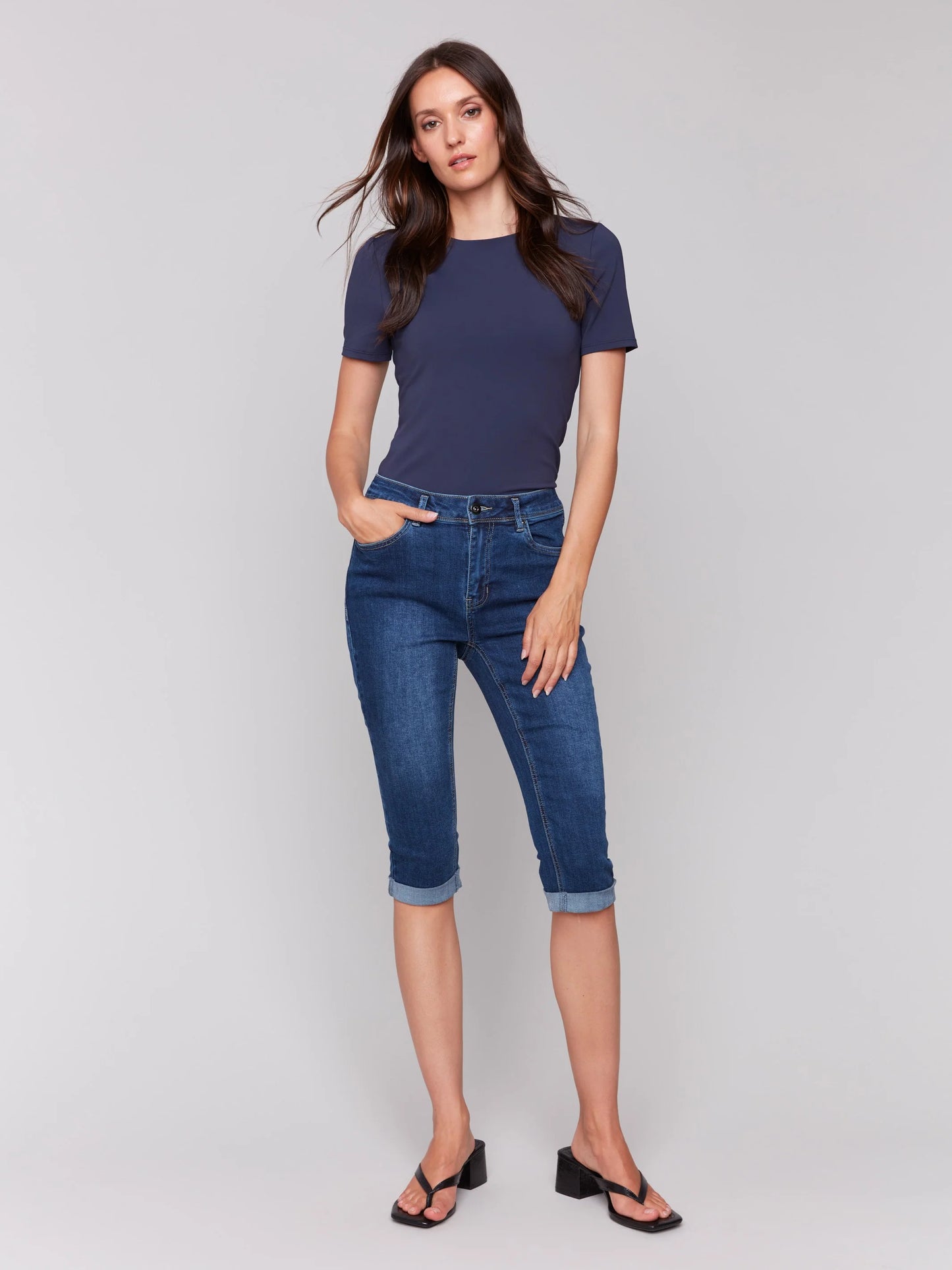 Charlie B-C5208WW-007-Stretch Denim Capri W/Cuffed Hem-Indigo - The Coach Pyramids