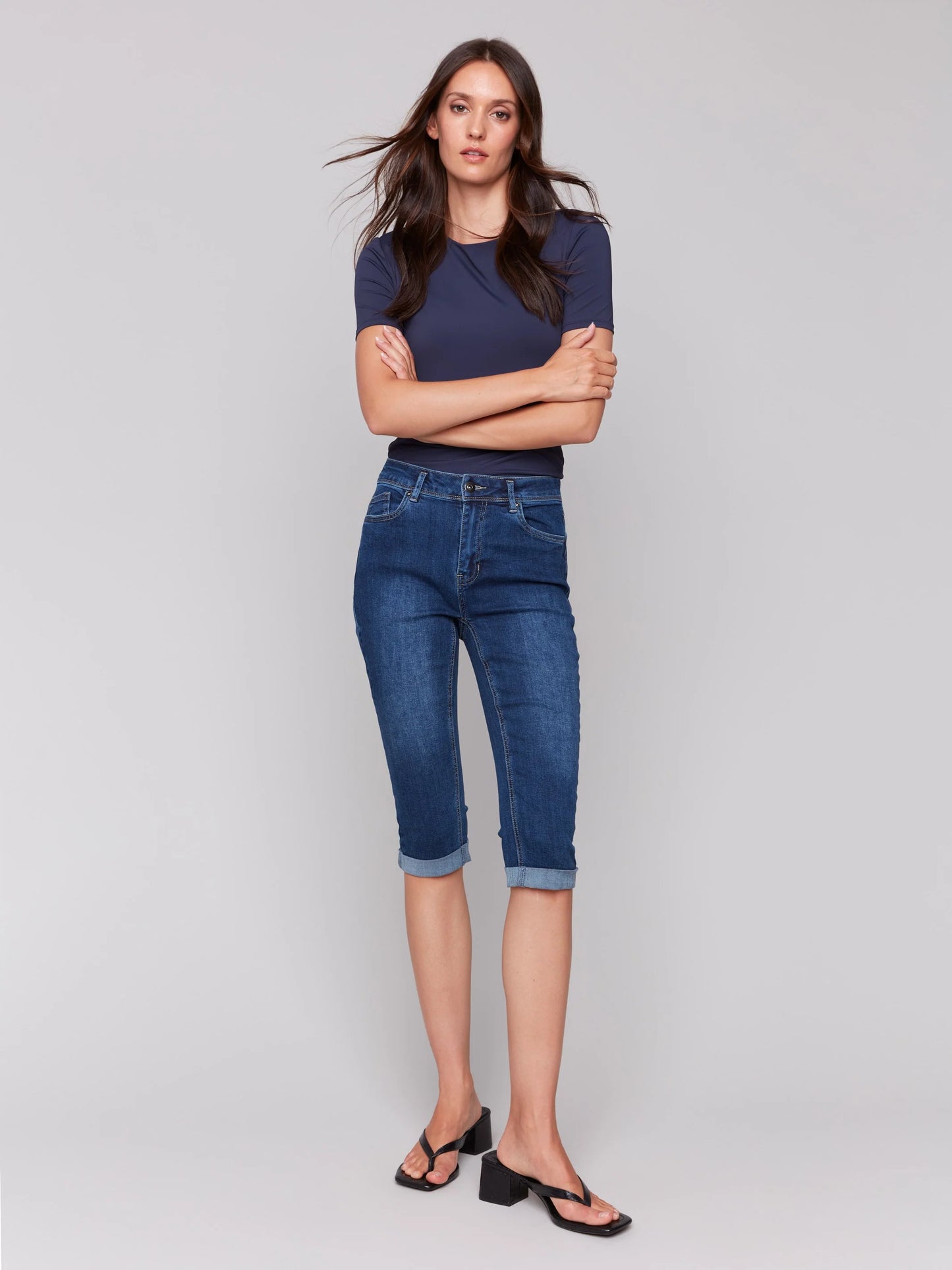 Charlie B-C5208WW-007-Stretch Denim Capri W/Cuffed Hem-Indigo - The Coach Pyramids