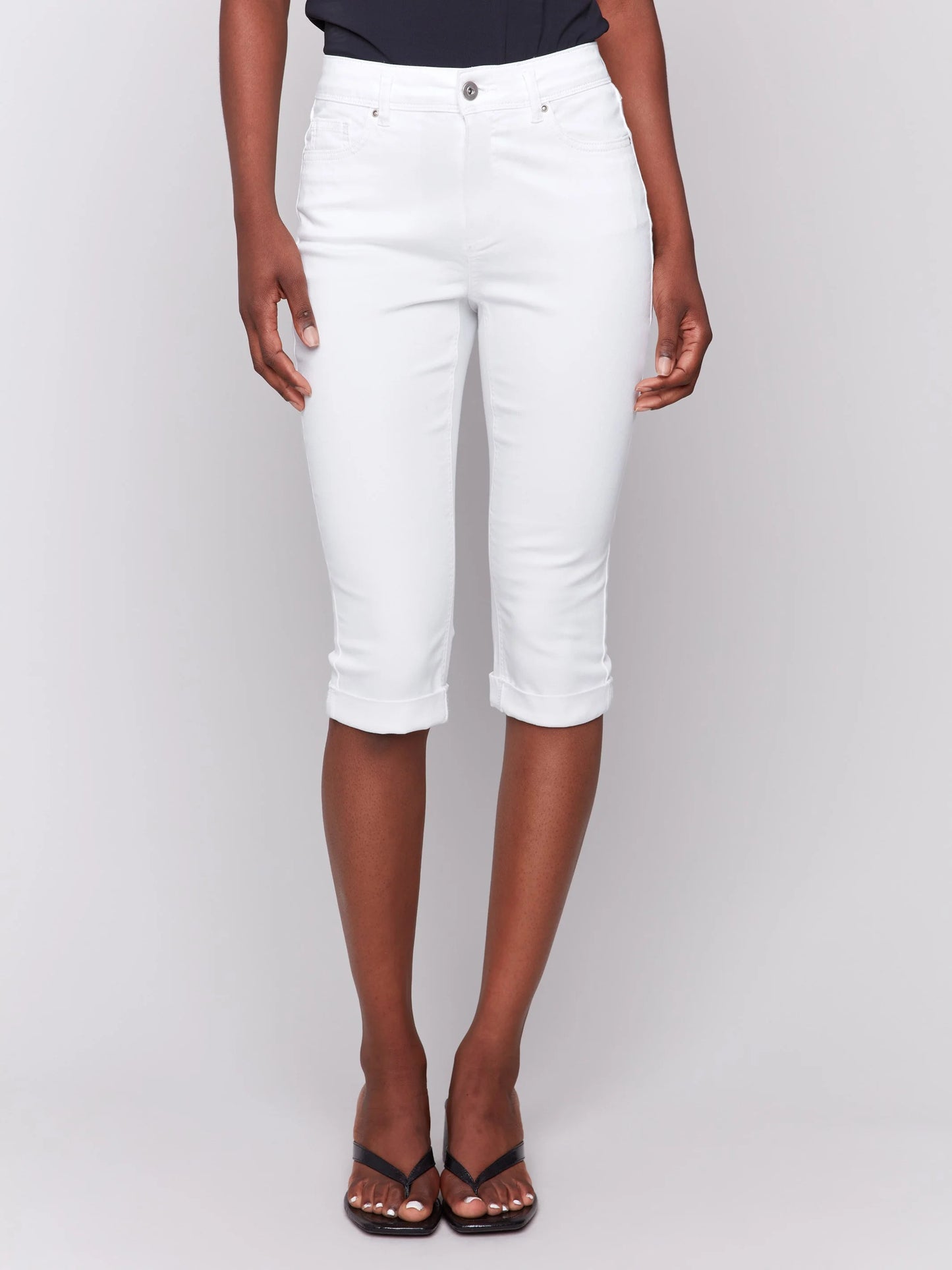 Charlie B-C5208WW-002-Twill Capri W/Cuffed Hem-White - The Coach Pyramids