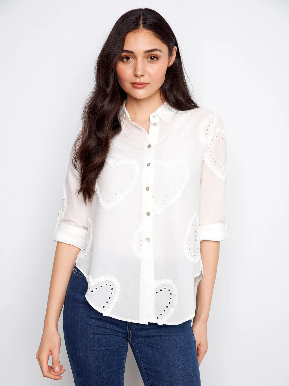 Charlie B-C4652E-002-Textured Fabric Button Down Blouse-White - The Coach Pyramids