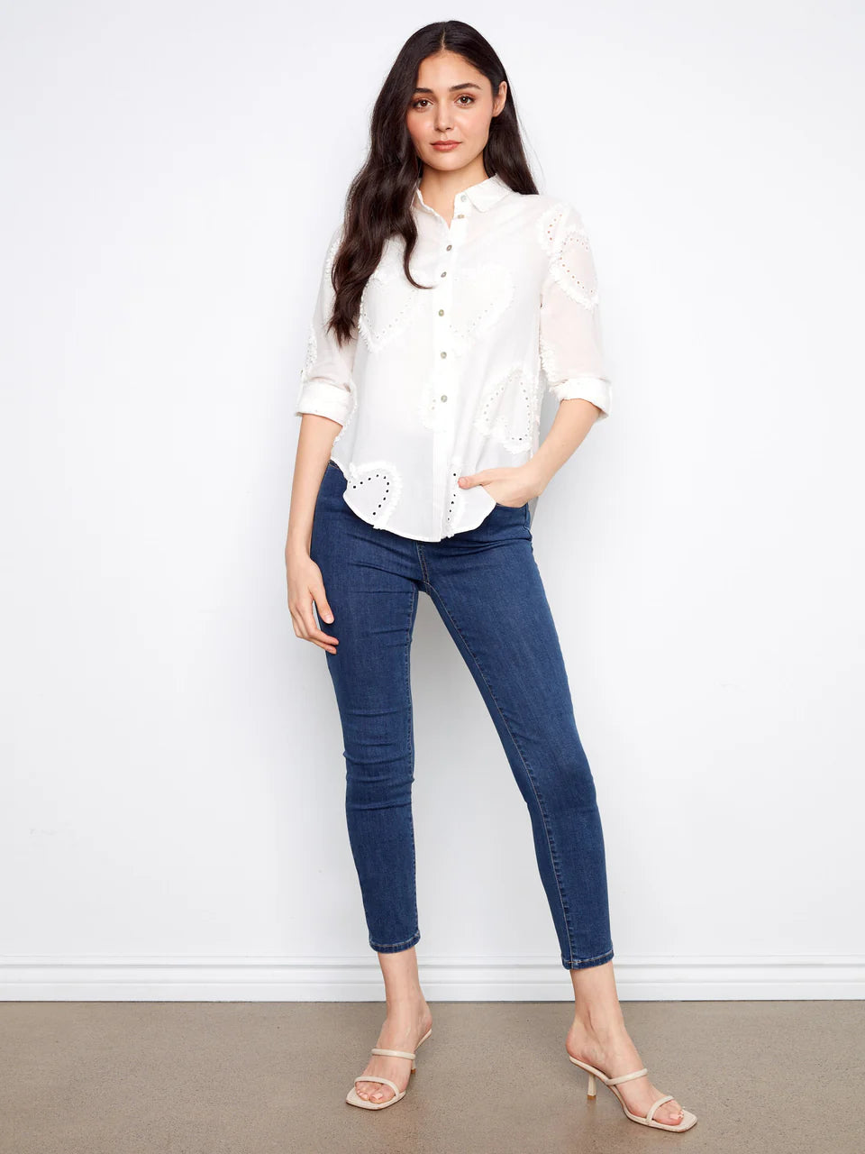 Charlie B-C4652E-002-Textured Fabric Button Down Blouse-White - The Coach Pyramids