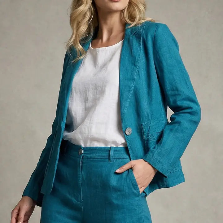 Linen Luv-TP1730-84-French Linen Blazer Print-Petrolio - The Coach Pyramids
