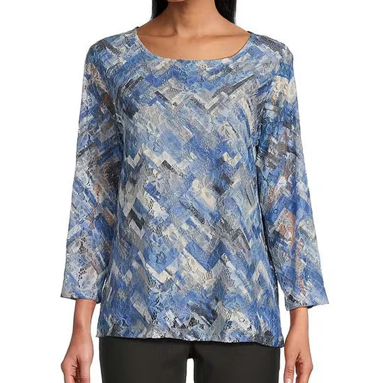 Multiples-Spring/Summer 2025-M15205TM-3/4 Sleeve Print Lace Knit Top-Multi