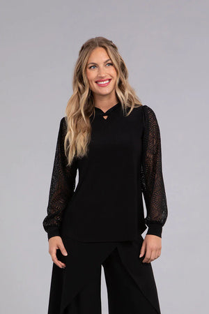 Sympli Fall 2023-3245-3-Mixed Lace Neck Top -Black - The Coach Pyramids