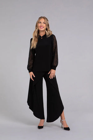 Sympli Fall 2023-3245-3-Mixed Lace Neck Top -Black - The Coach Pyramids