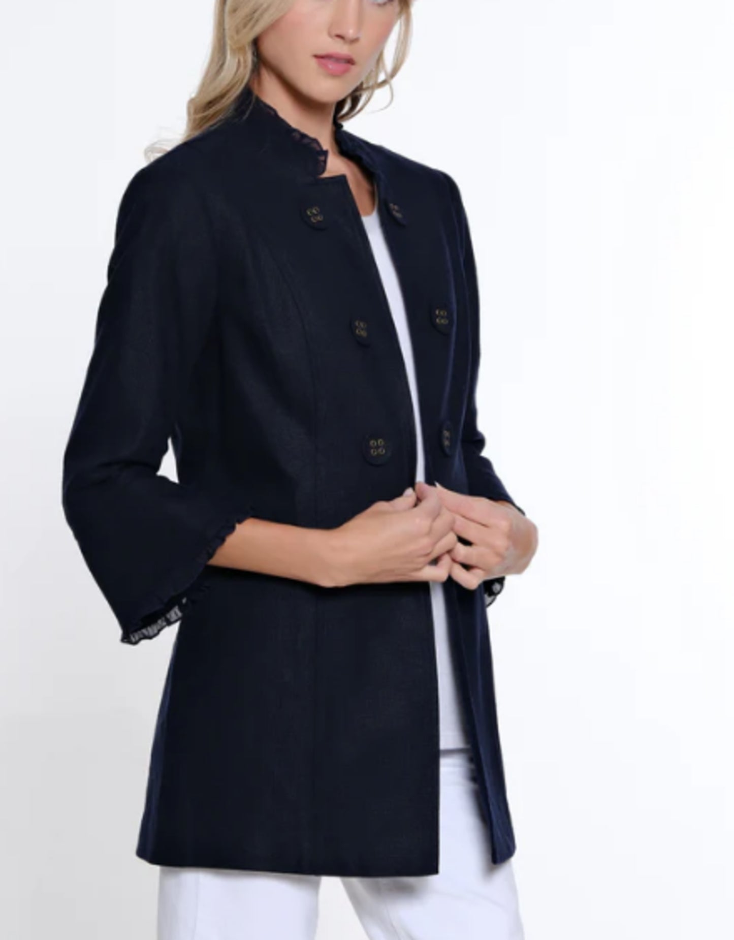 Habitat Multiples-Spring/Summer 2025-M15107JM-Ruffle Hem 3/4 Flounce Sleeve Jacket-White - The Coach Pyramids