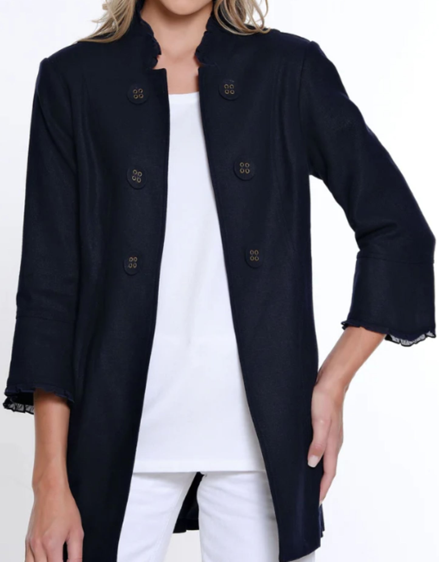 Habitat Multiples-Spring/Summer 2025-M15107JM-Ruffle Hem 3/4 Flounce Sleeve Jacket-White - The Coach Pyramids