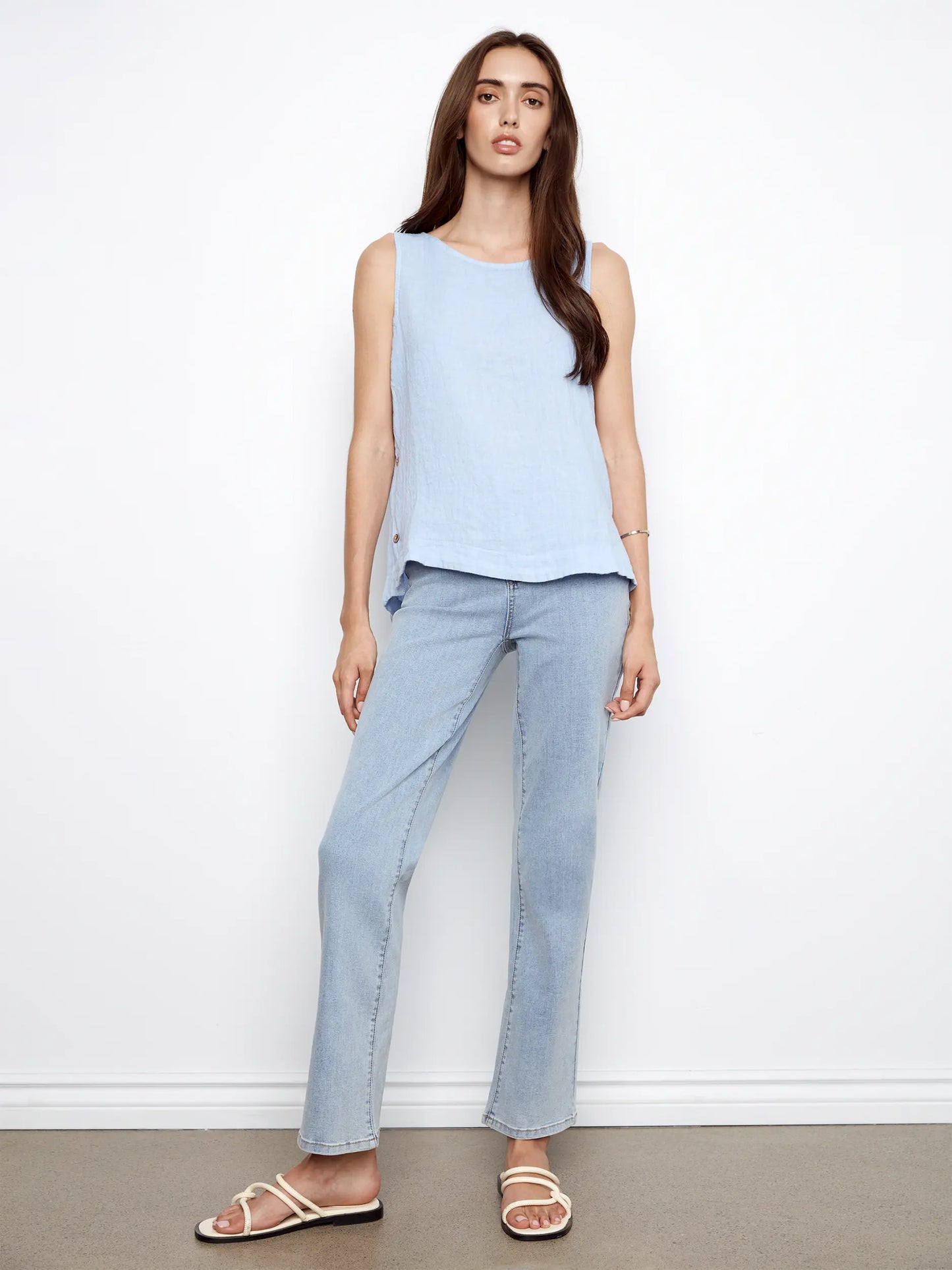 Charlie B-C4425TR-277-Linen Sleeveless Blouse W/Side Buttons-Mist - The Coach Pyramids