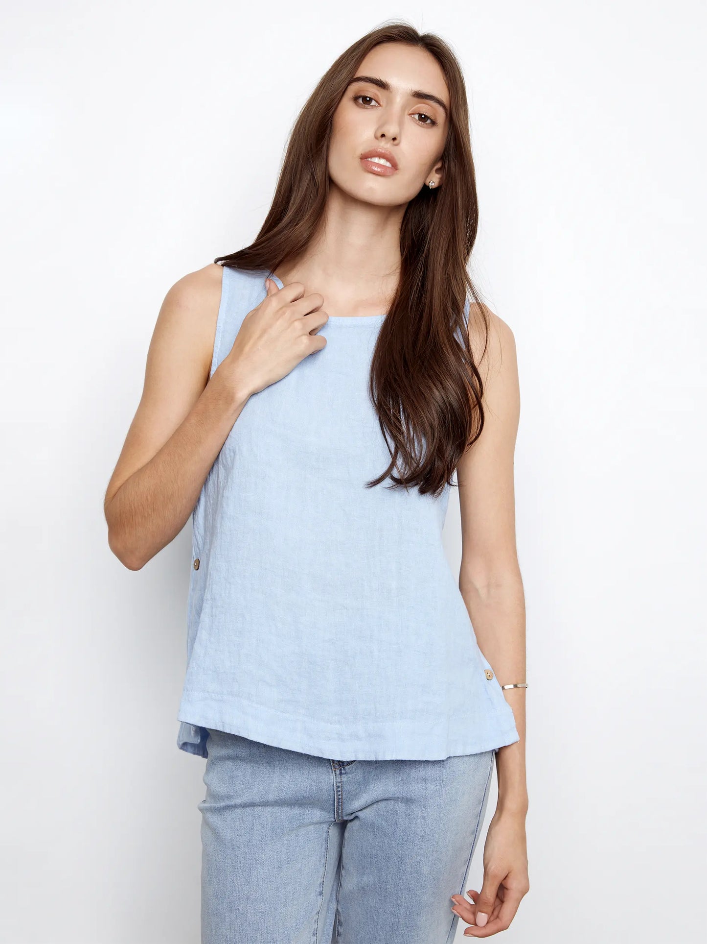 Charlie B-C4425TR-277-Linen Sleeveless Blouse W/Side Buttons-Mist - The Coach Pyramids