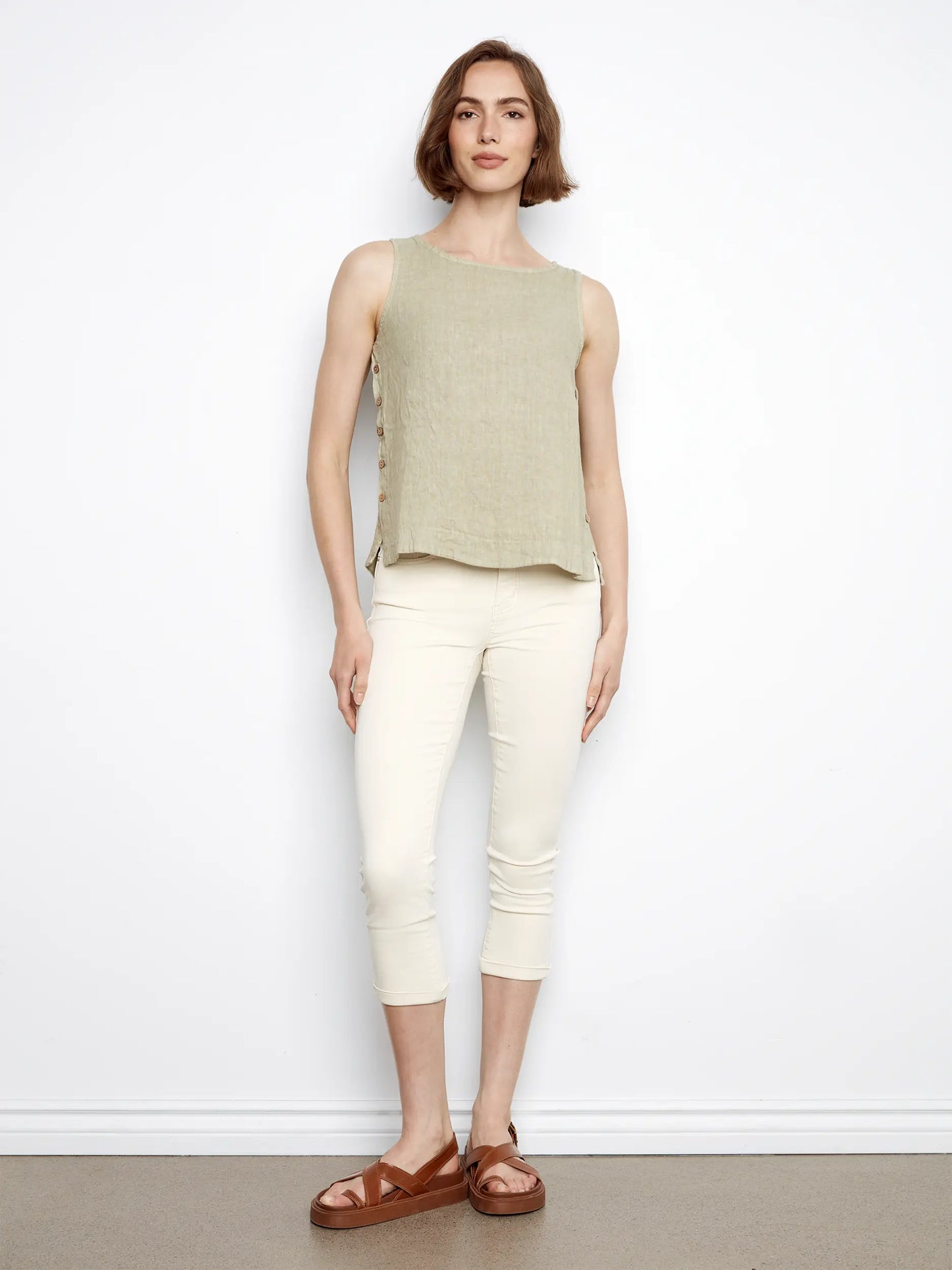Charlie B-C4425TR-153-Linen Sleeveless Blouse W/Side Buttons-Sage - The Coach Pyramids
