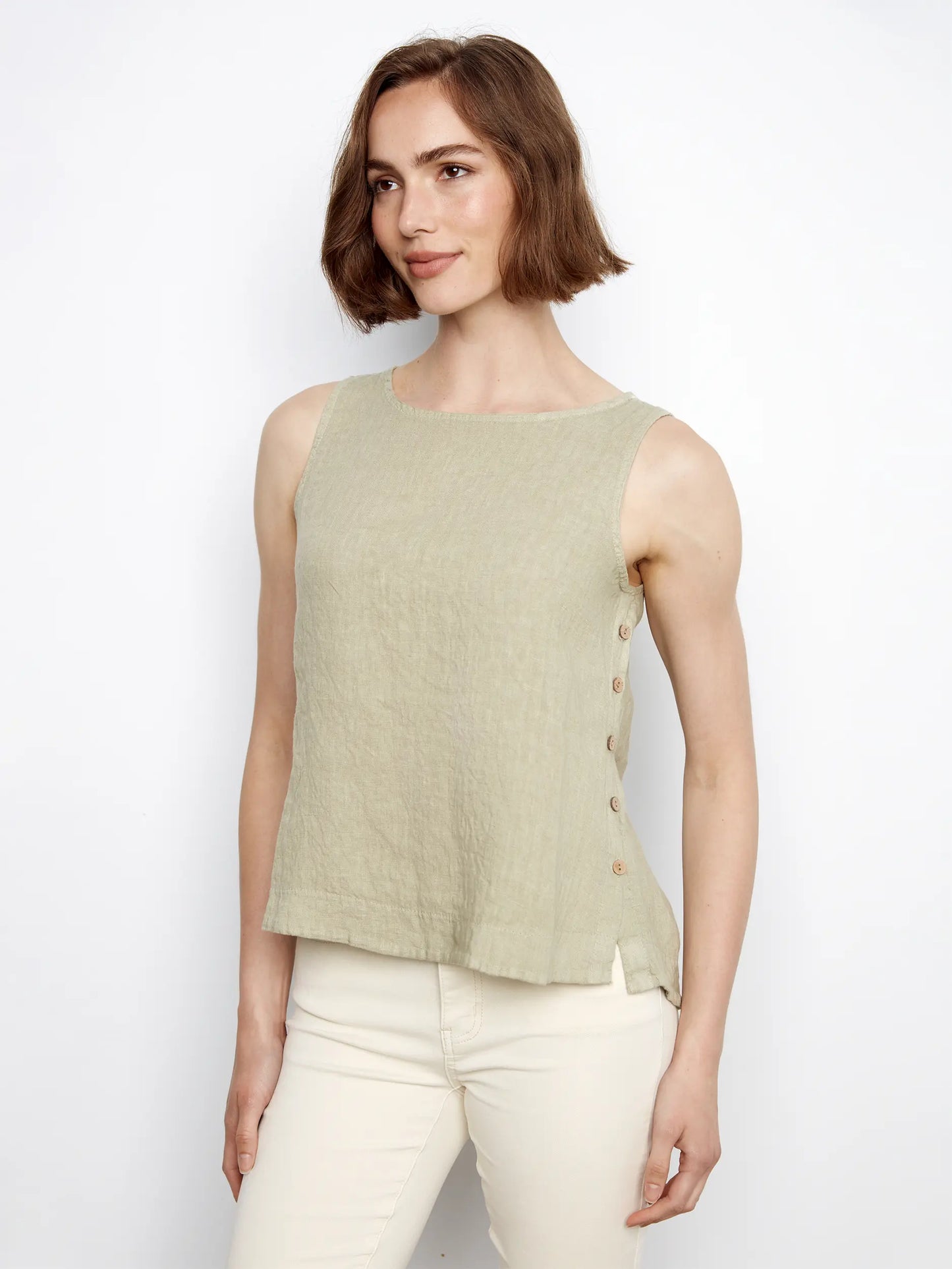 Charlie B-C4425TR-153-Linen Sleeveless Blouse W/Side Buttons-Sage - The Coach Pyramids