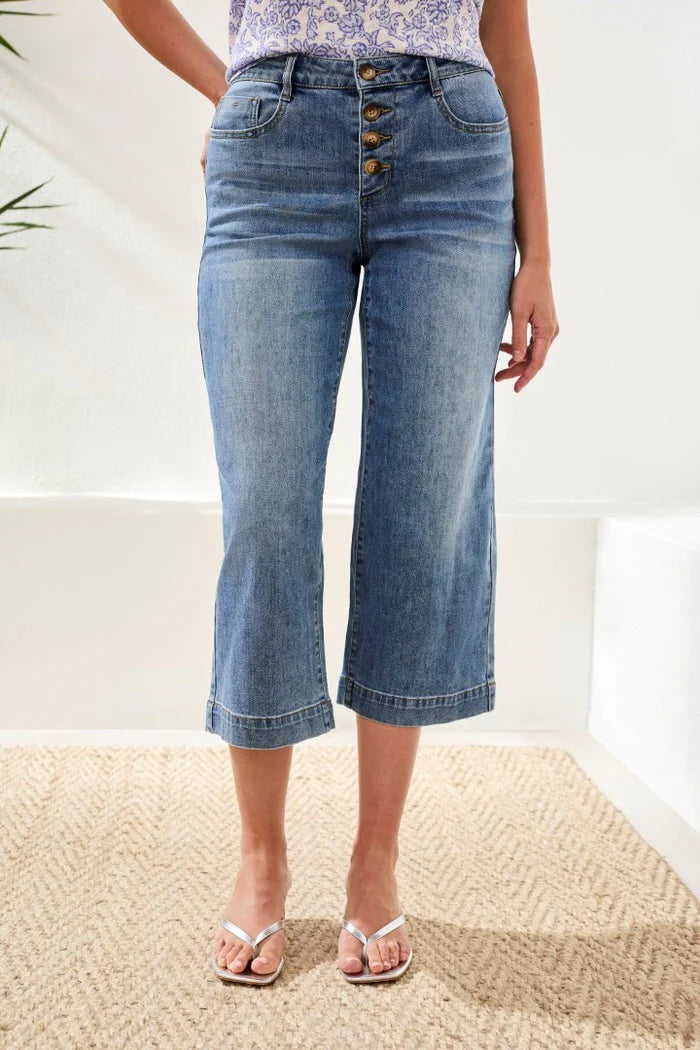 Tribal Audrey Button Fly Wide Crop Jeans-6186O-1459-Pebble Blue - The Coach Pyramids