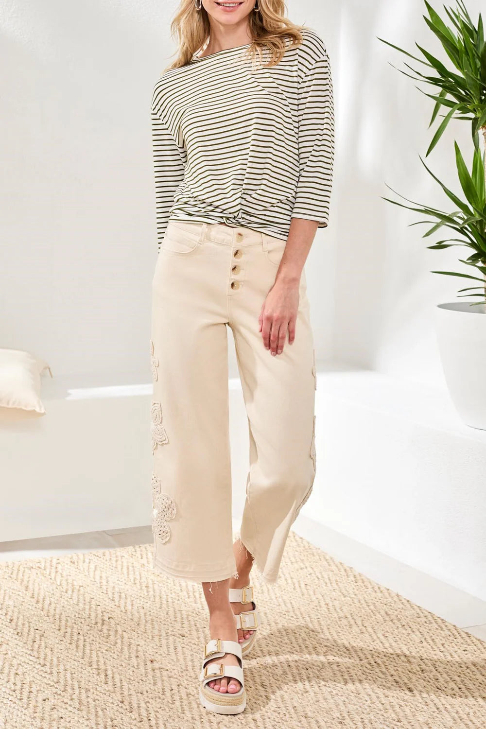 Tribal Audrey Button Fly Wide Crop W/Crochet-6101O-0331-Ecru - The Coach Pyramids