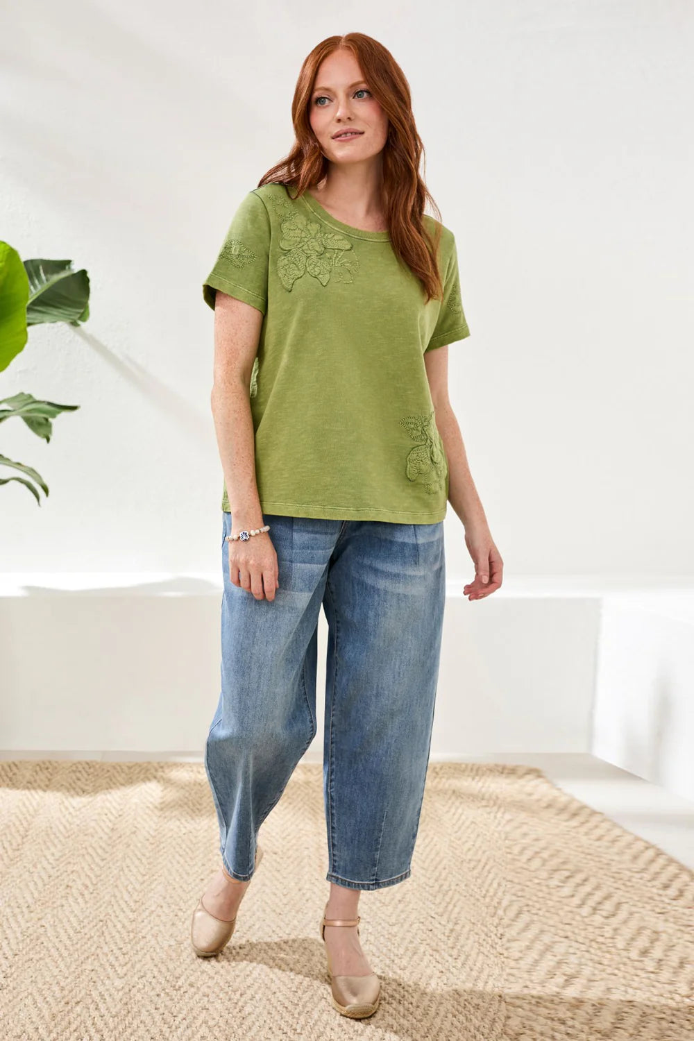 Tribal S/S Crew Neck Embroidered Applique T Shirt-6132O-2526-Kiwi Zest - The Coach Pyramids