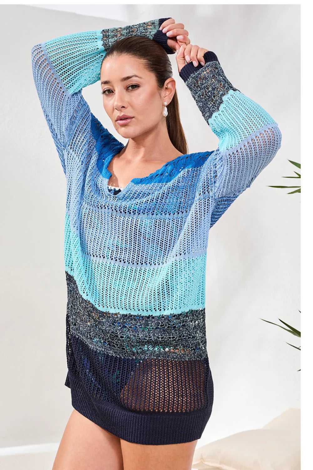 Tribal V Neck Sweater Dress Cover Up-3047O-1911-Aquatic - The Coach Pyramids