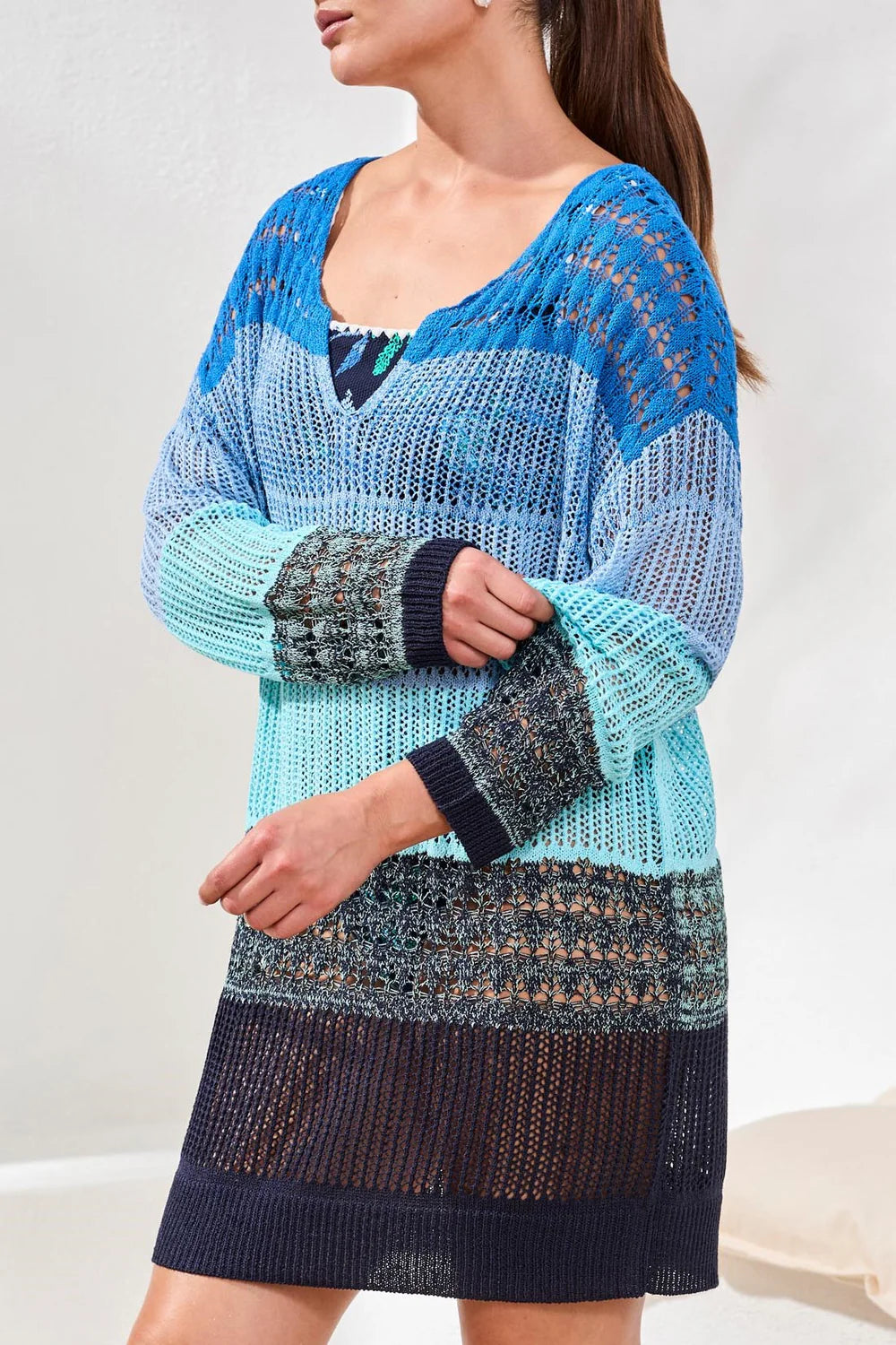 Tribal V Neck Sweater Dress Cover Up-3047O-1911-Aquatic - The Coach Pyramids