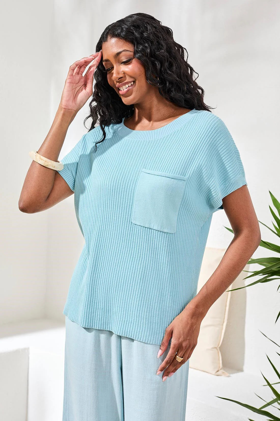 Tribal S/S Dolman Sweater W/Pocket-3007O-3332-Aqua Sky - The Coach Pyramids