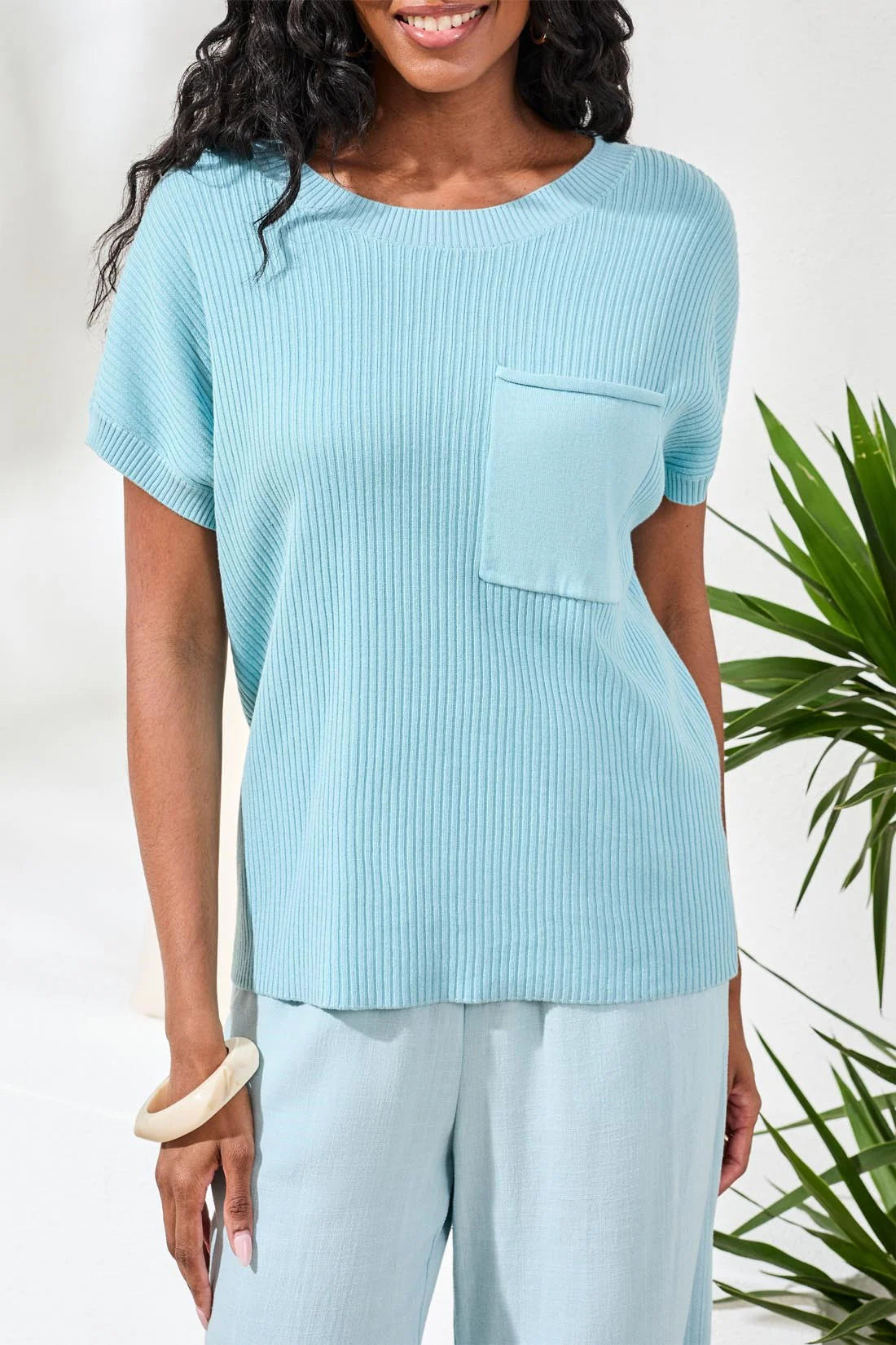 Tribal S/S Dolman Sweater W/Pocket-3007O-3332-Aqua Sky - The Coach Pyramids