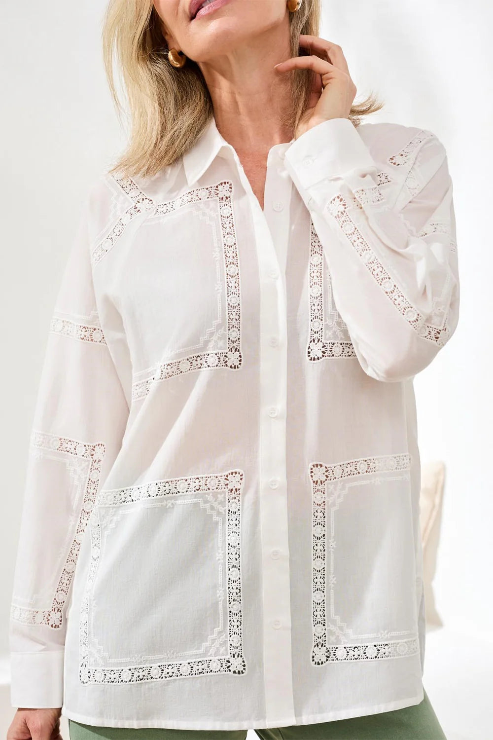 Tribal L/S Button Front Blouse W/Side Placket-3021O-0001-White - The Coach Pyramids