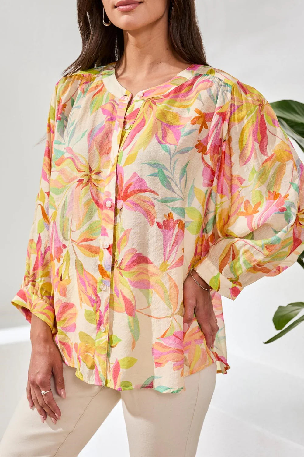 Tribal Flowy Dolman Sleeve Blouse W/Self Covering Buttons-5539O-2530-Rose Silk - The Coach Pyramids