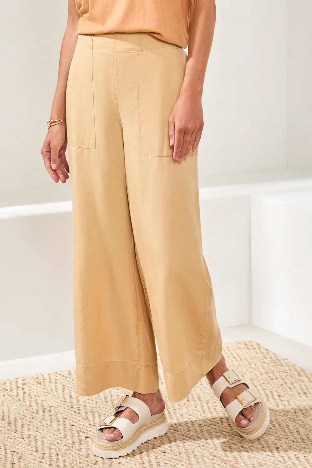 Tribal Pull On Crop Wide Leg Pant W/Pockets And Special Wash-6072O-2899-Croissant - The Coach Pyramids