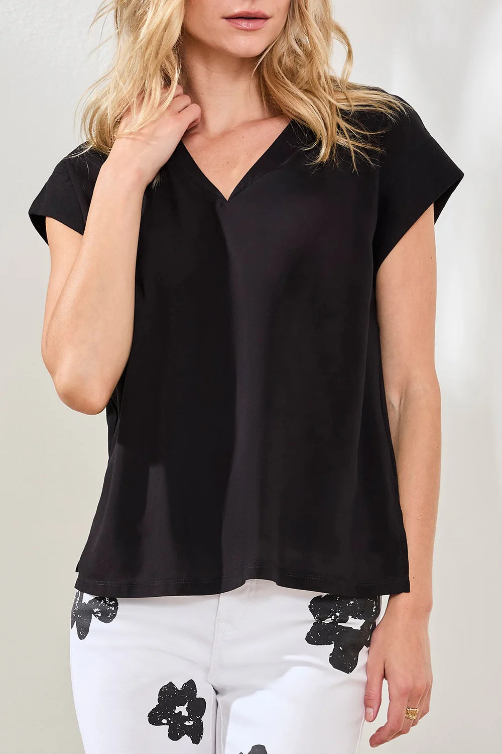 Tribal Mixed Media Cap Sleeve V Neck T-Blouse-6196O-0002-Black - The Coach Pyramids