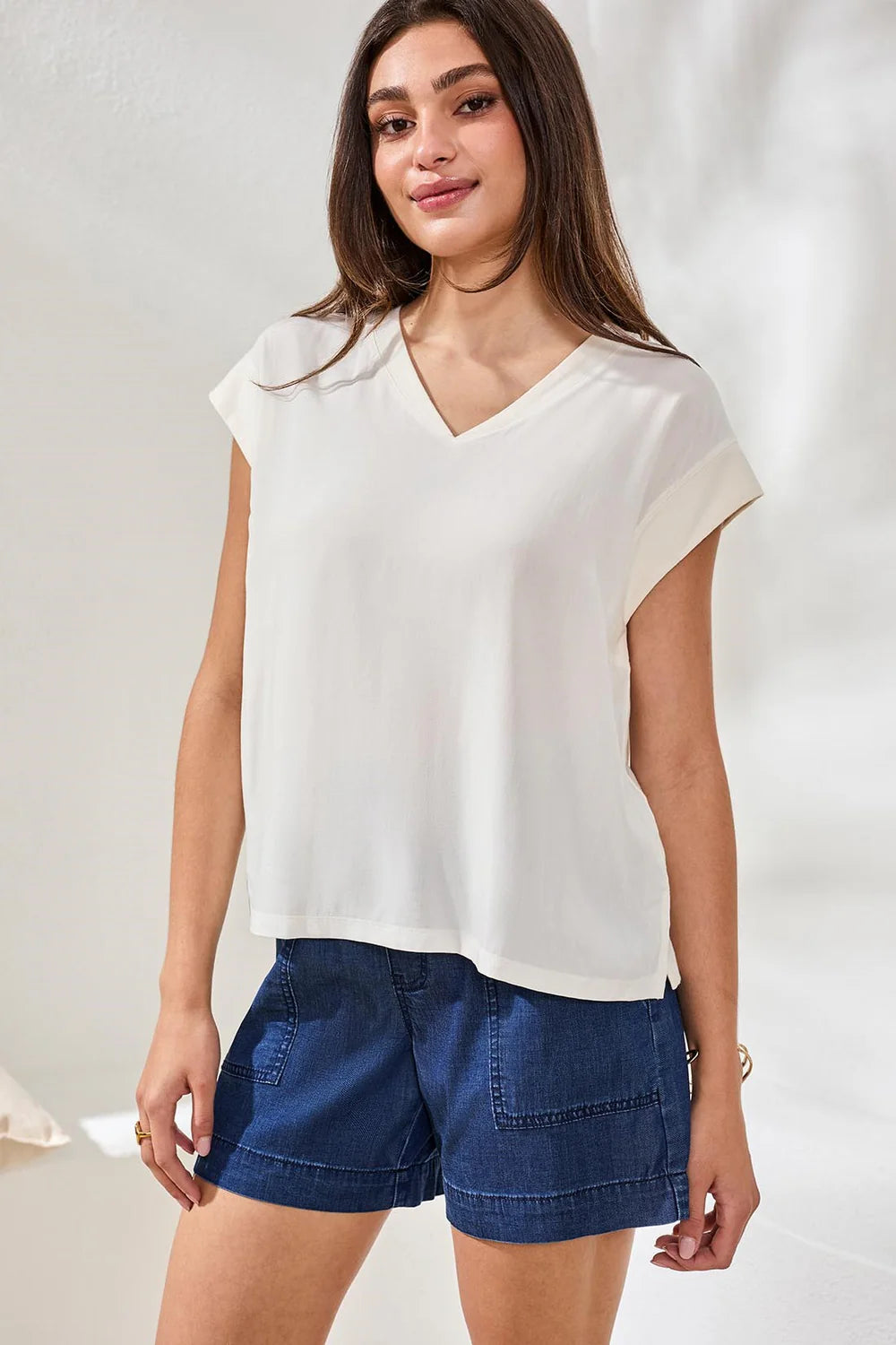 Tribal Mixed Media Cap Sleeve V Neck T-Blouse-6196O-1397-Egg Shell - The Coach Pyramids