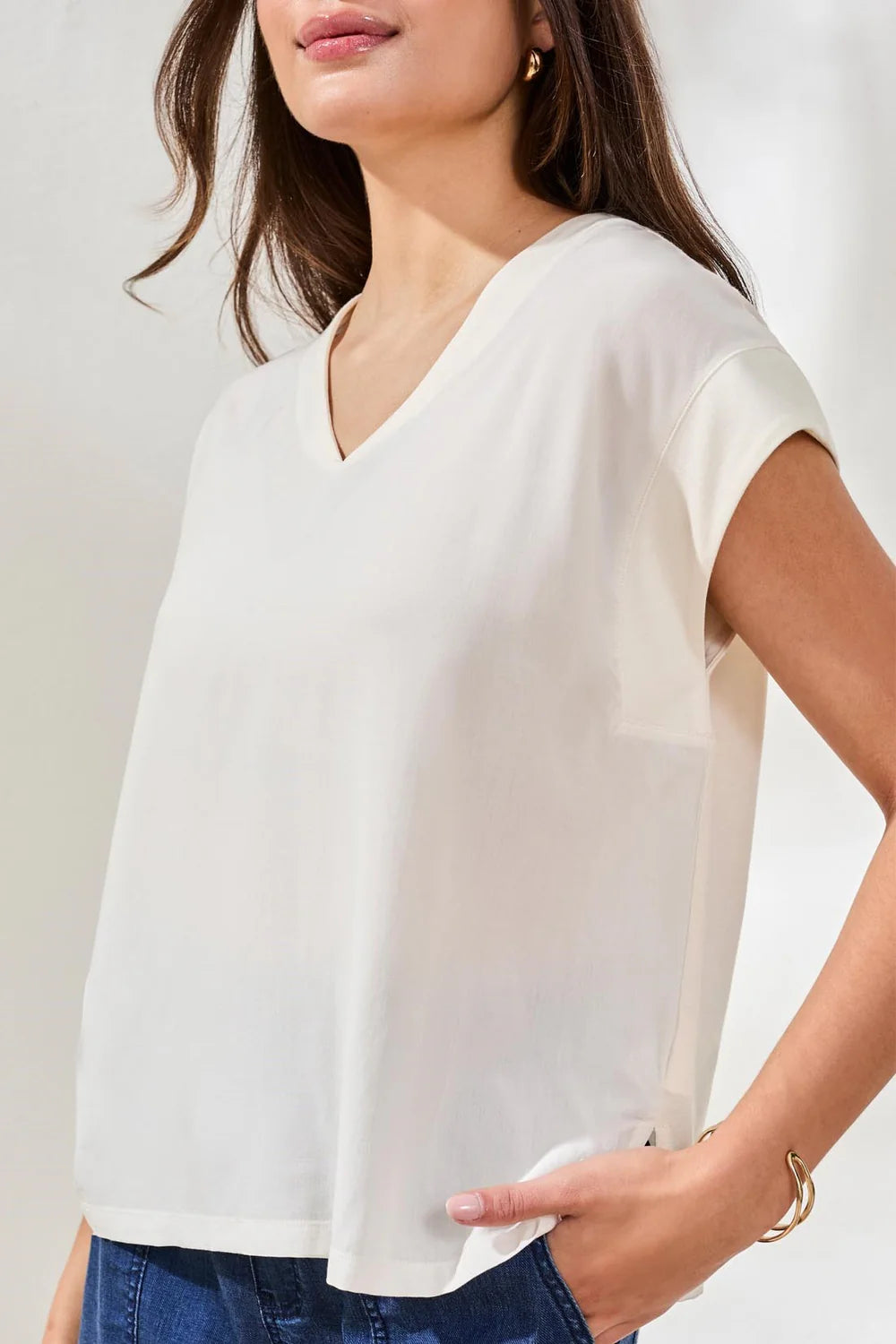 Tribal Mixed Media Cap Sleeve V Neck T-Blouse-6196O-1397-Egg Shell - The Coach Pyramids