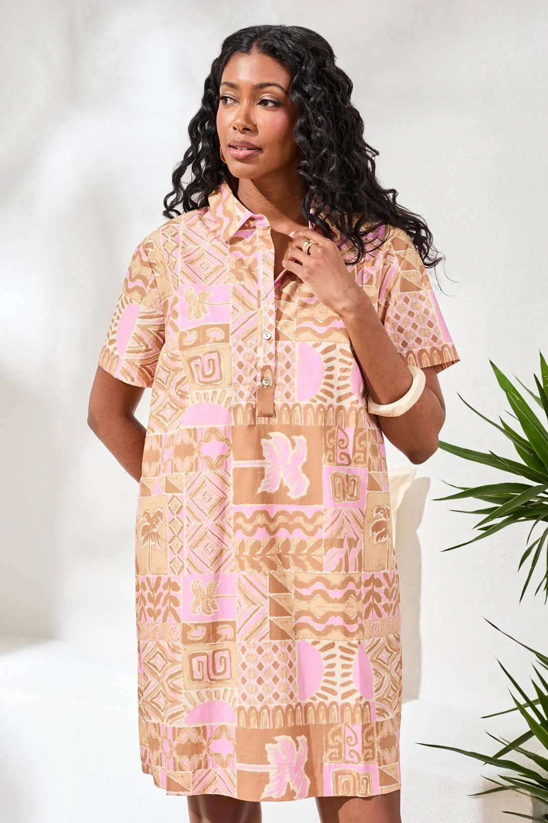 Tribal 1/2 Button Placket Dress-2437O-1321-Wisteria - The Coach Pyramids