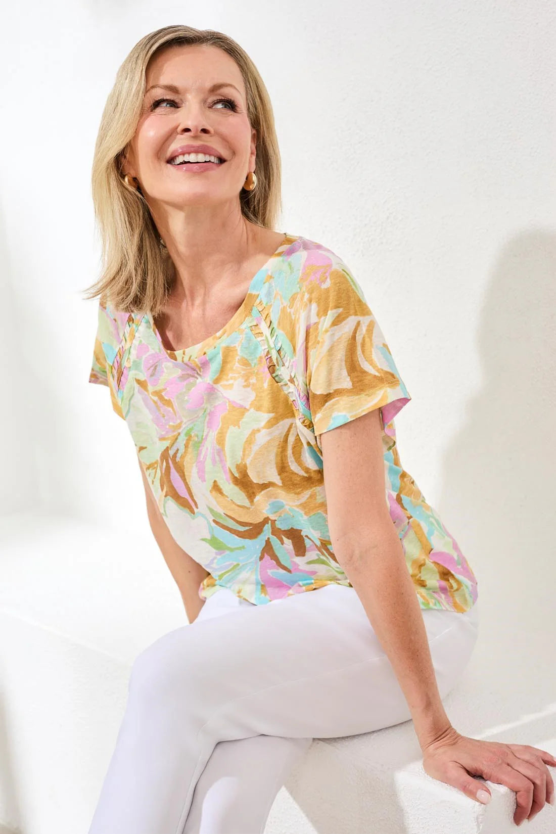 Tribal Scoop Neck Top W/Pleating Detail-2435O-1321-Wisteria - The Coach Pyramids