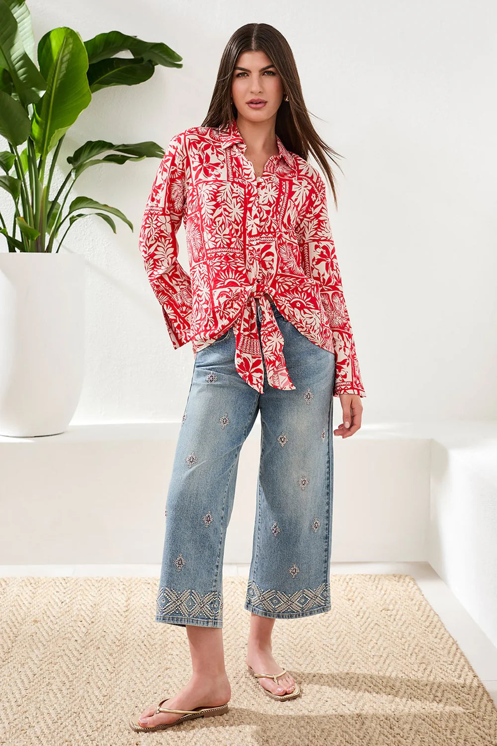 Tribal Blouse W/Tie Front-3003O-1221-Sangria - The Coach Pyramids