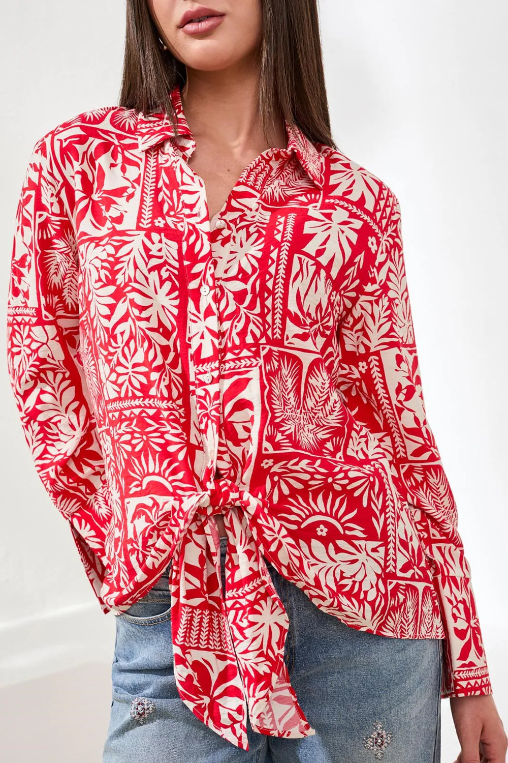 Tribal Blouse W/Tie Front-3003O-1221-Sangria - The Coach Pyramids