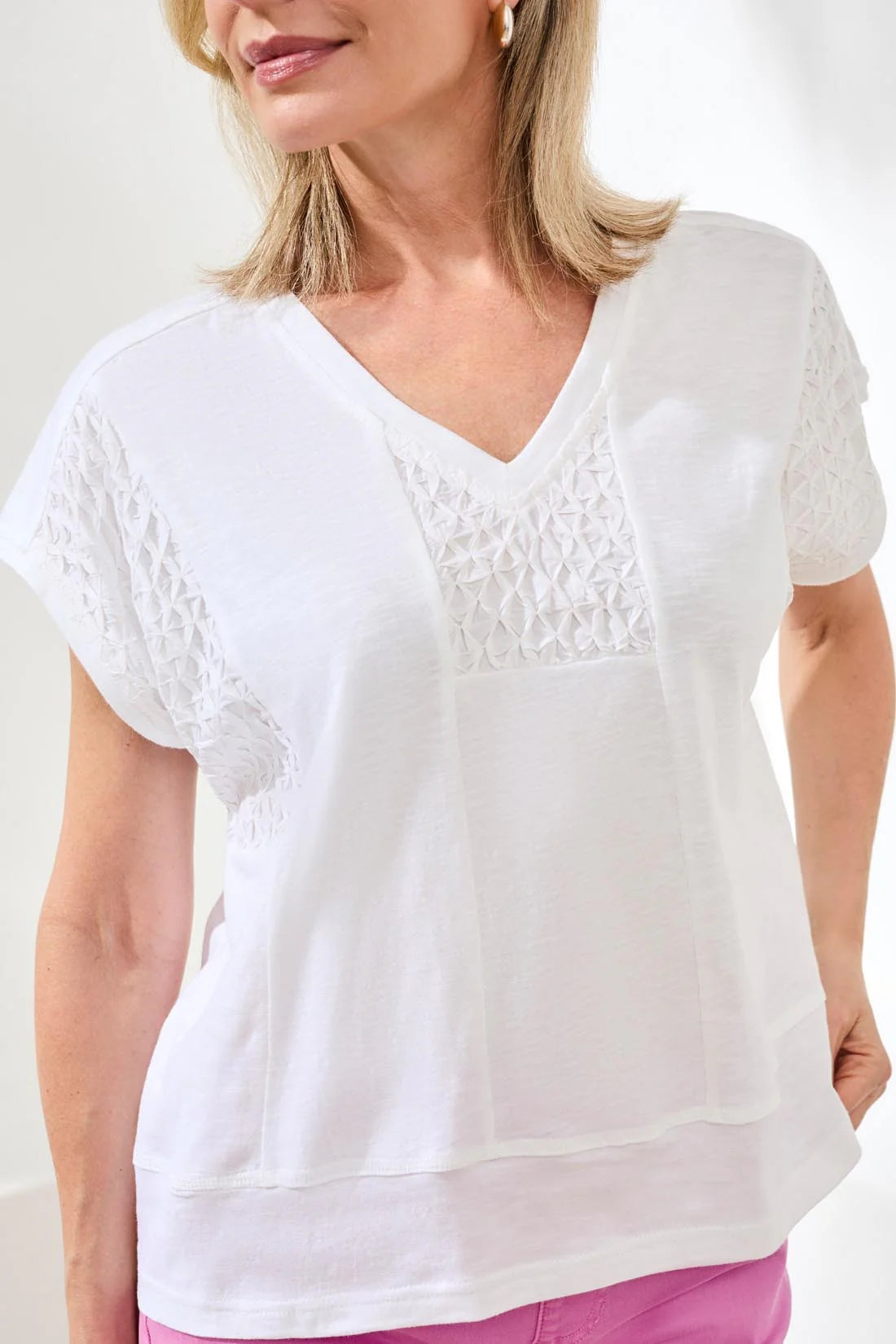 Tribal Cap Sleeve V Neck Top-2439O-0001-White - The Coach Pyramids