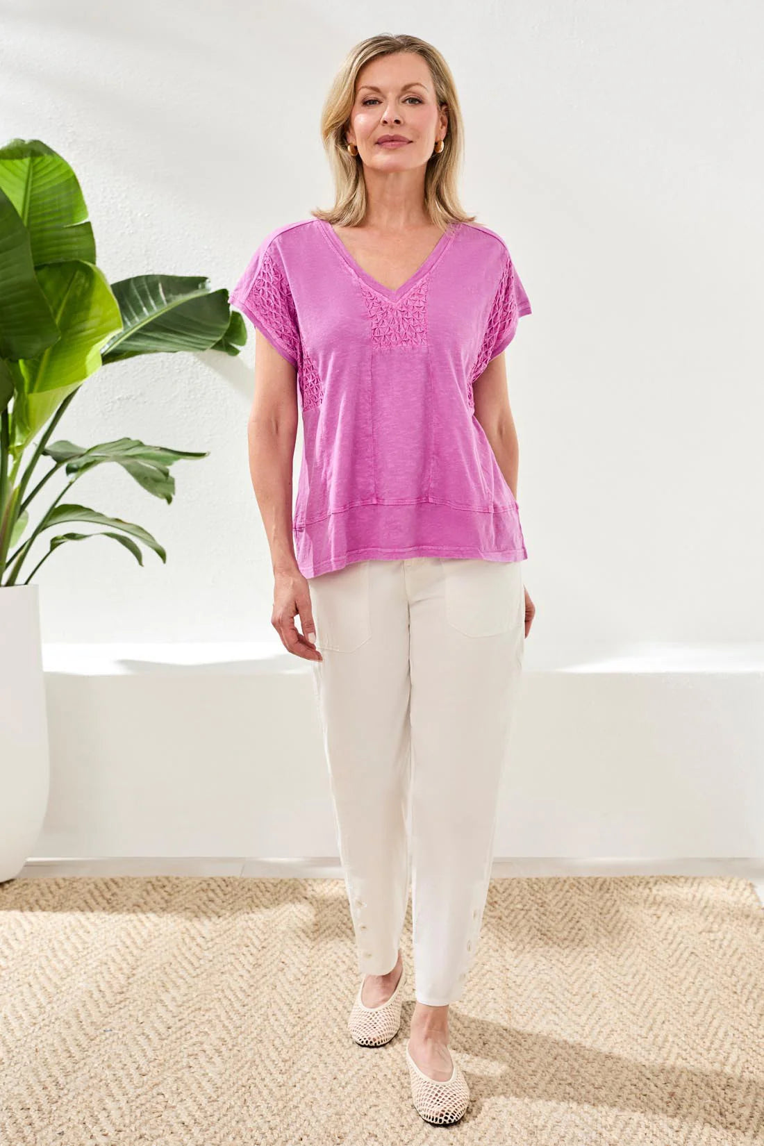 Tribal Cap Sleeve V Neck Top-2439O-1321-Wisteria - The Coach Pyramids