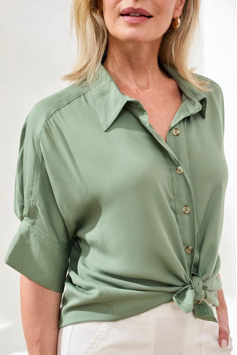 Tribal Elbow Sleeve Front Blouse-3112O-0324-Moss - The Coach Pyramids