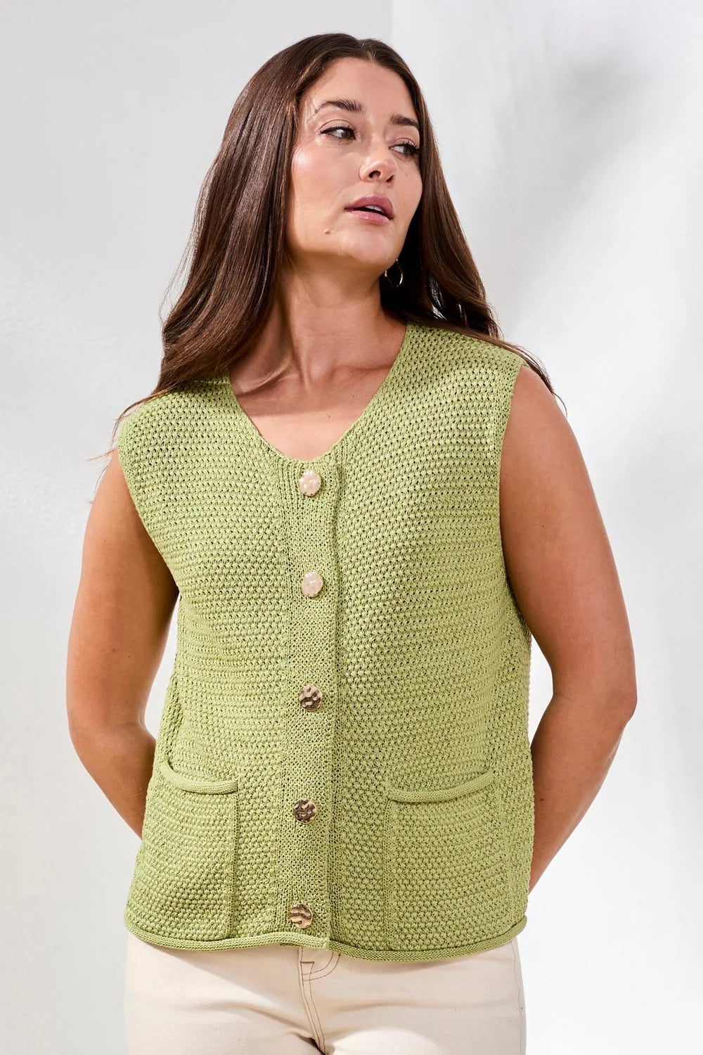 Tribal Sweater Vest W/Pockets And Fancy Buttons-6208O-2526-Kiwi