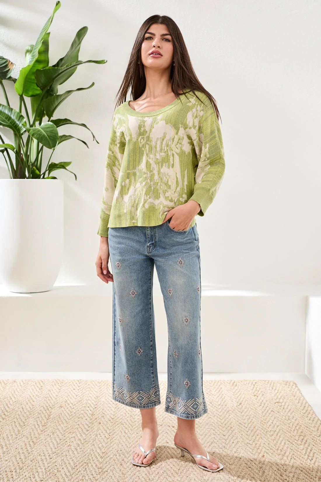 Tribal U Neck Jacquard 3/4 Sleeve Sweater-6160O-1252-Lemon Grass - The Coach Pyramids