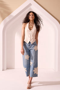 Tribal-Wide Crop Jeans W/Crochet Applique-7083XX-2351-Keys Waters - The Coach Pyramids