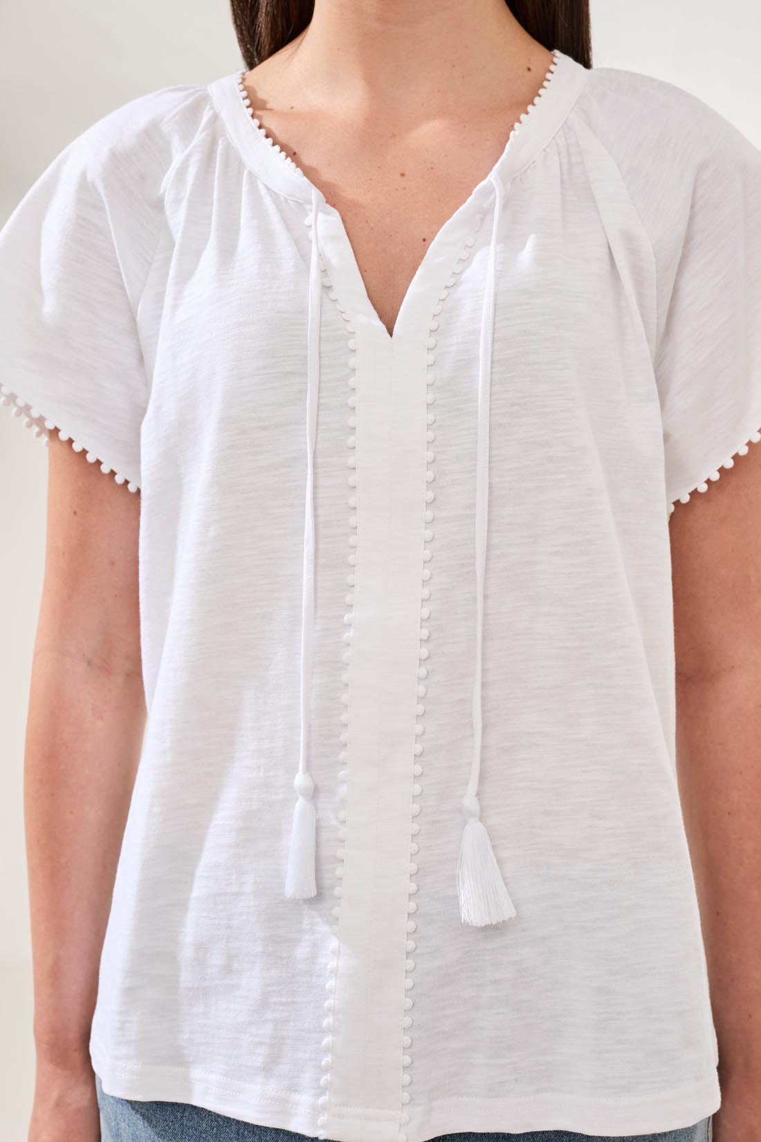 Tribal Split Neck Top W/Tassel-2475O-3326-Lime Cream - The Coach Pyramids