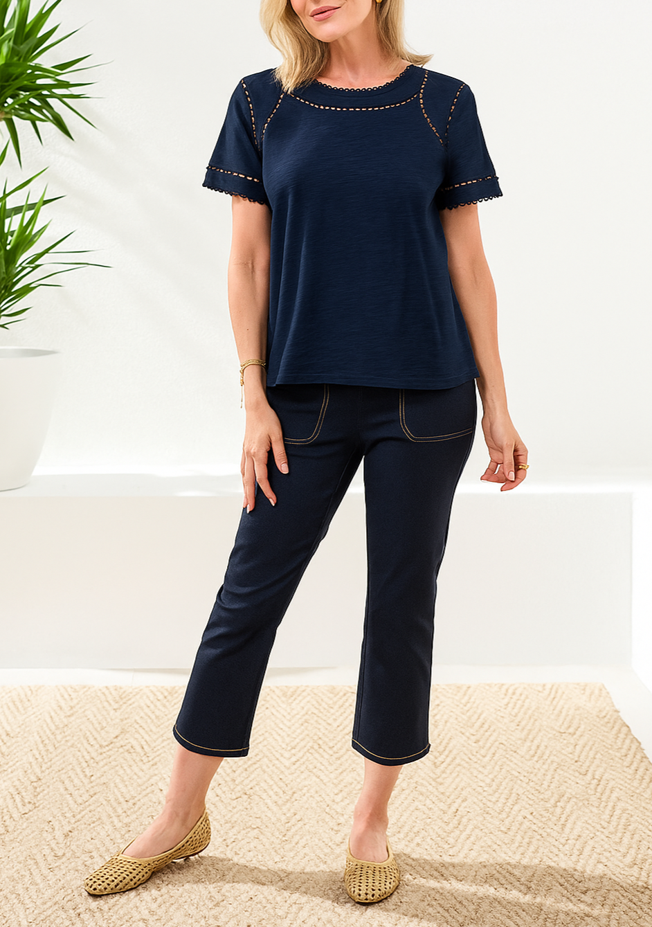 Tribal Top W/Dotted Lace Detail-2466O-3068-Jet Blue - The Coach Pyramids