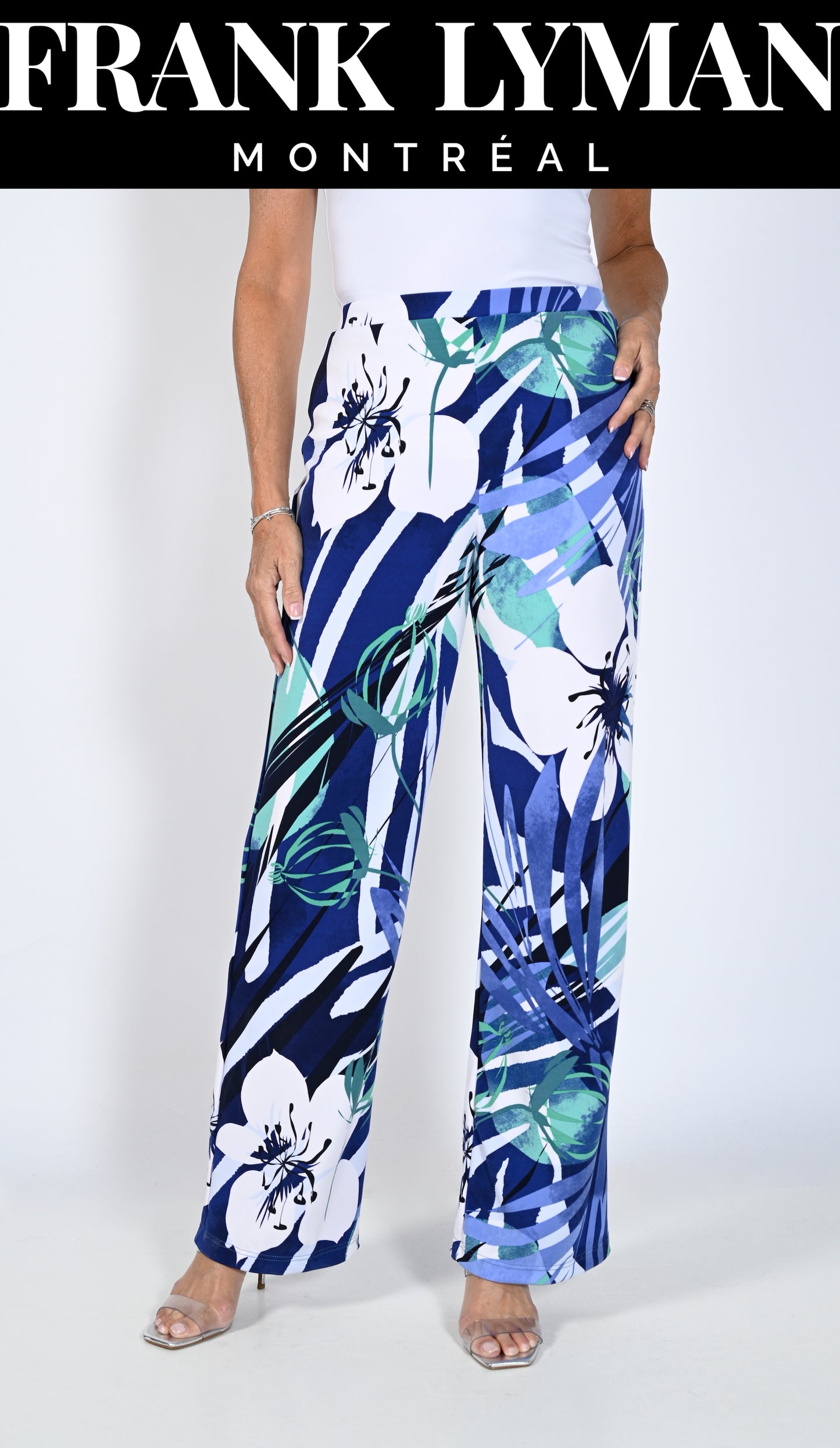 Frank Lyman-231237-Knit Pant-White/Purple - The Coach Pyramids