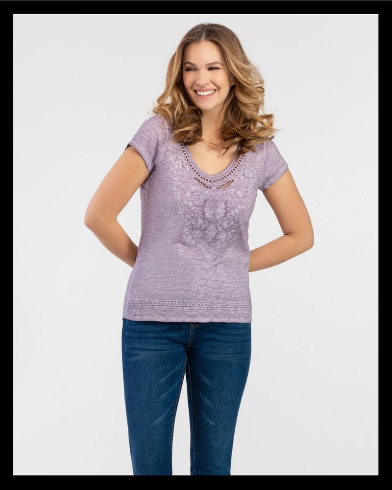 Tribal 6510O Embroidered V-Neck Top - Misty Lilac - The Coach Pyramids